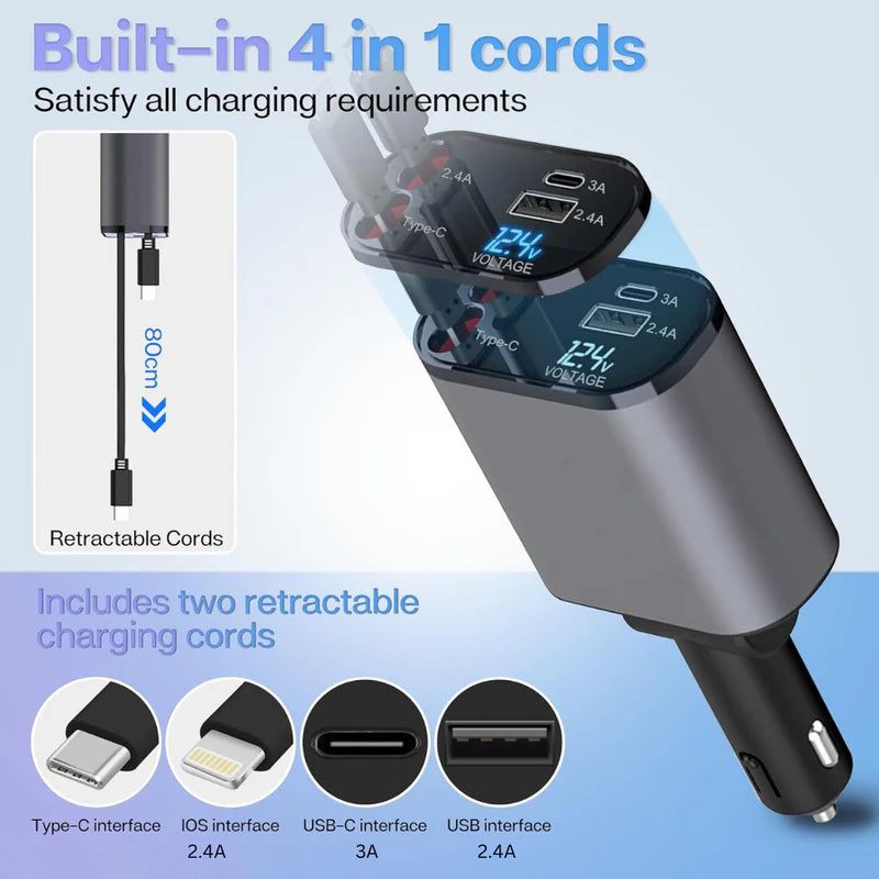 4 in 1 Fast Charging Car Charger with LED Ambient Light