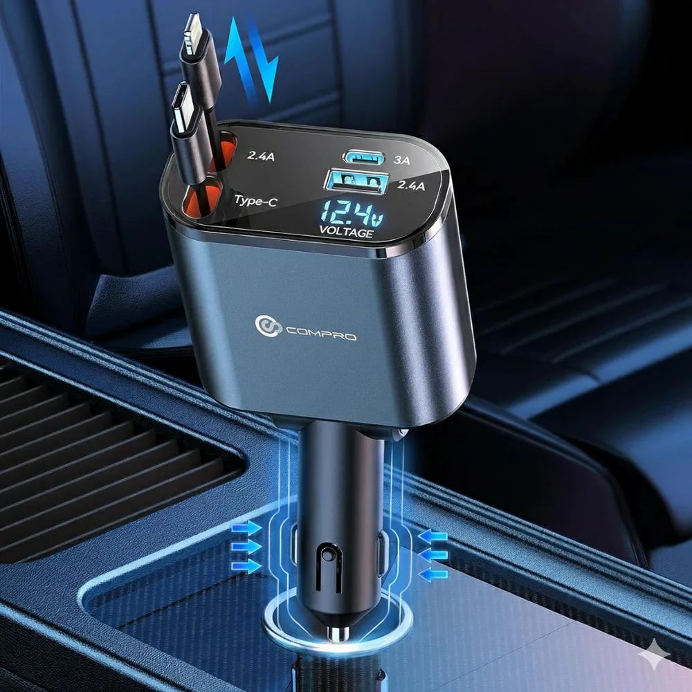 4 in 1 Fast Charging Car Charger with LED Ambient Light