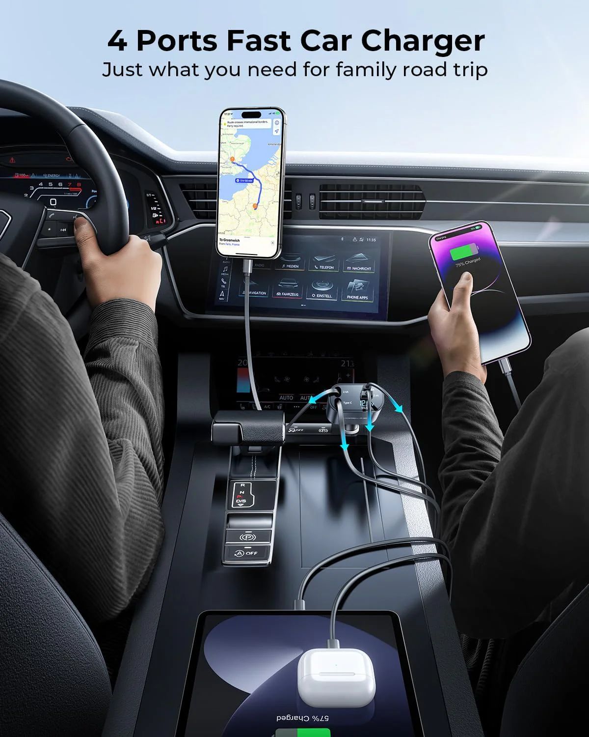 4 in 1 Fast Charging Car Charger with LED Ambient Light